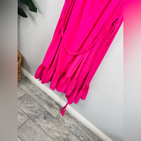 Jolie Bright Fuchsia Pink Scoop Neck Tassel Belt Tiered Midi Dress - Picture 9 of 11